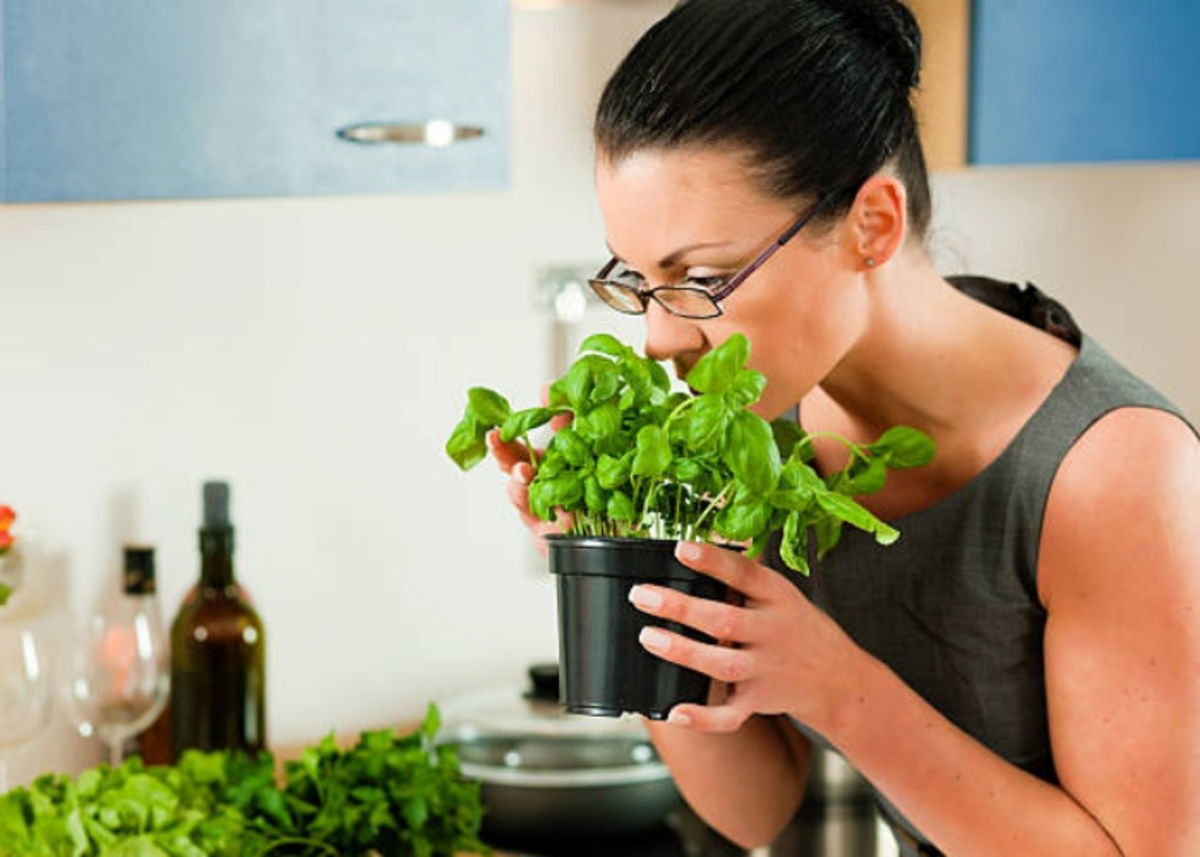 Mujer oliendo hierbas