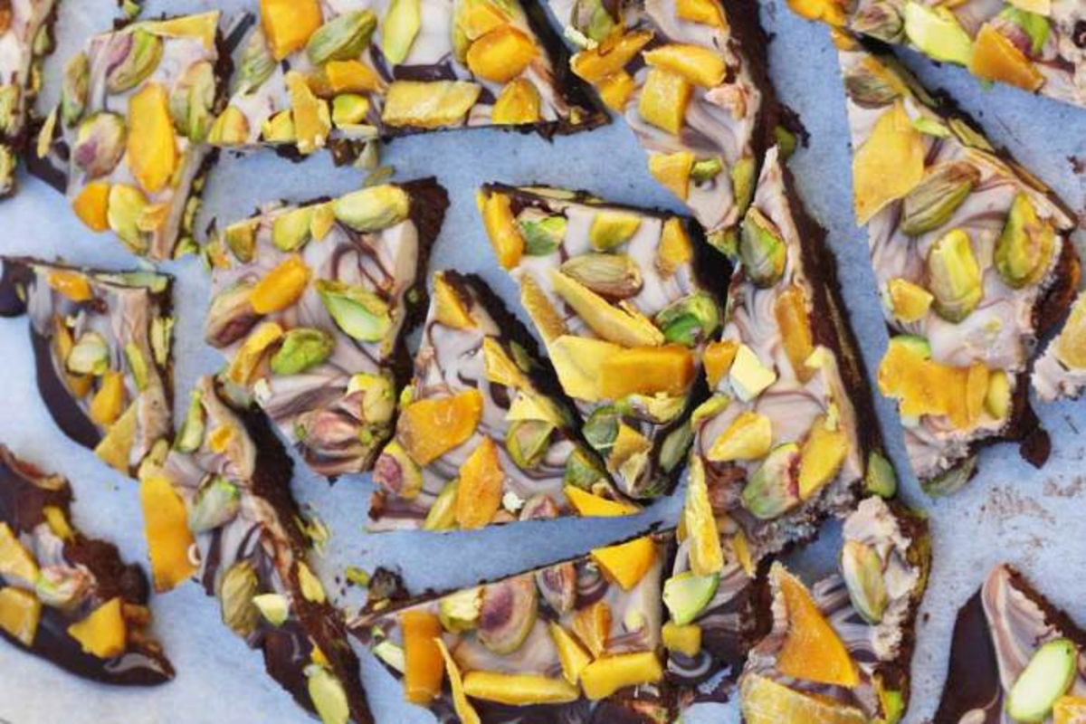 Postre con chocolate y mango