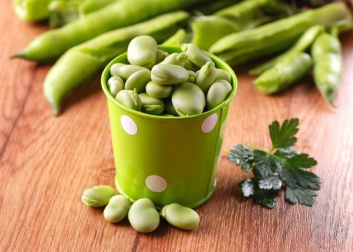 Vaso con habas frescas