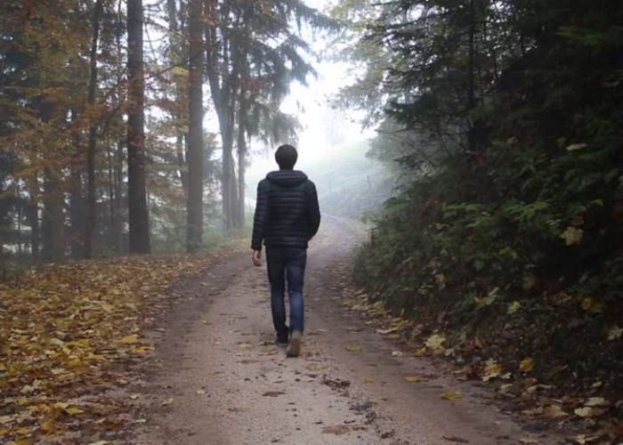 Hombre caminando bosque